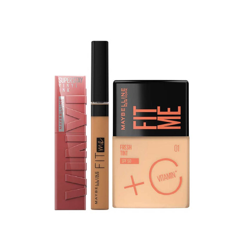 Fit Me Foundation Fresh Tint + Fit Me Concealer + Super Stay Vinyl Ink Long Lasting Liquid Lip Color - Lipstick